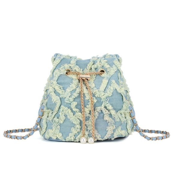 Denim Bucket Bag Trendy Jean Purse Drawstring Crossbody Shoulder o_o - Picture 1 of 7